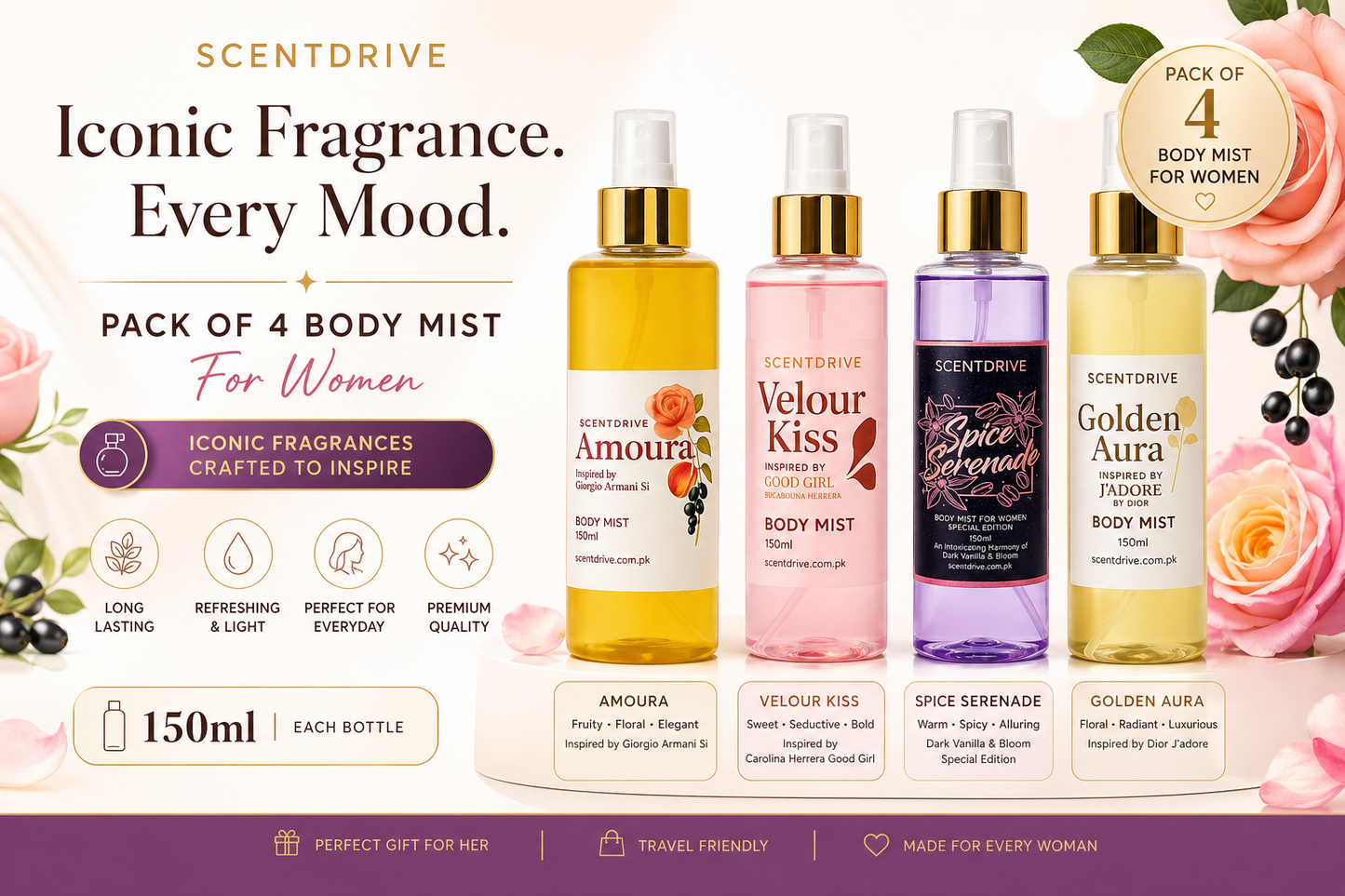 Pack of 4 Body Mist for Women – 150ml Each | ScentDrive Iconic Collection