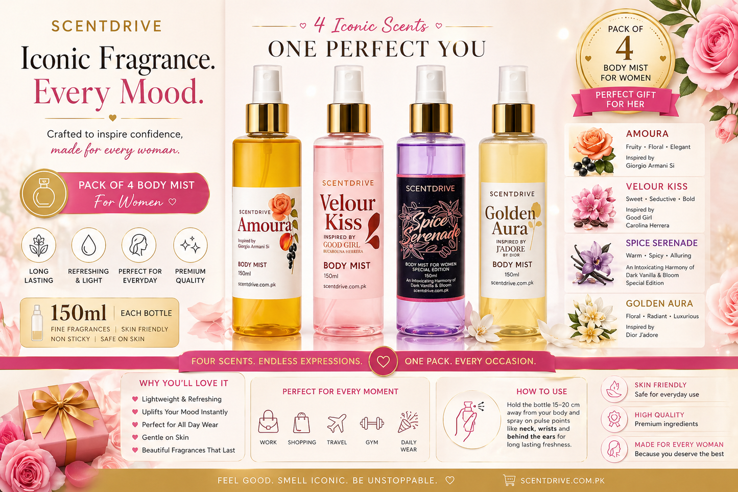 Pack of 4 Body Mist for Women – 150ml Each | ScentDrive Iconic Collection