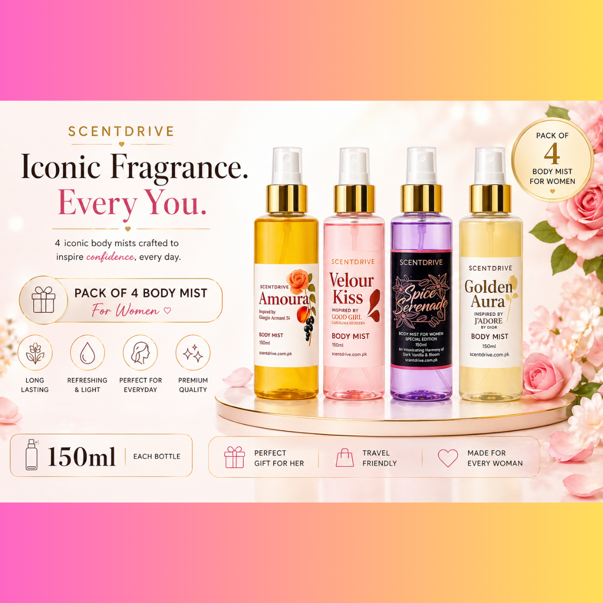 Pack of 4 Body Mist for Women – 150ml Each | ScentDrive Iconic Collection